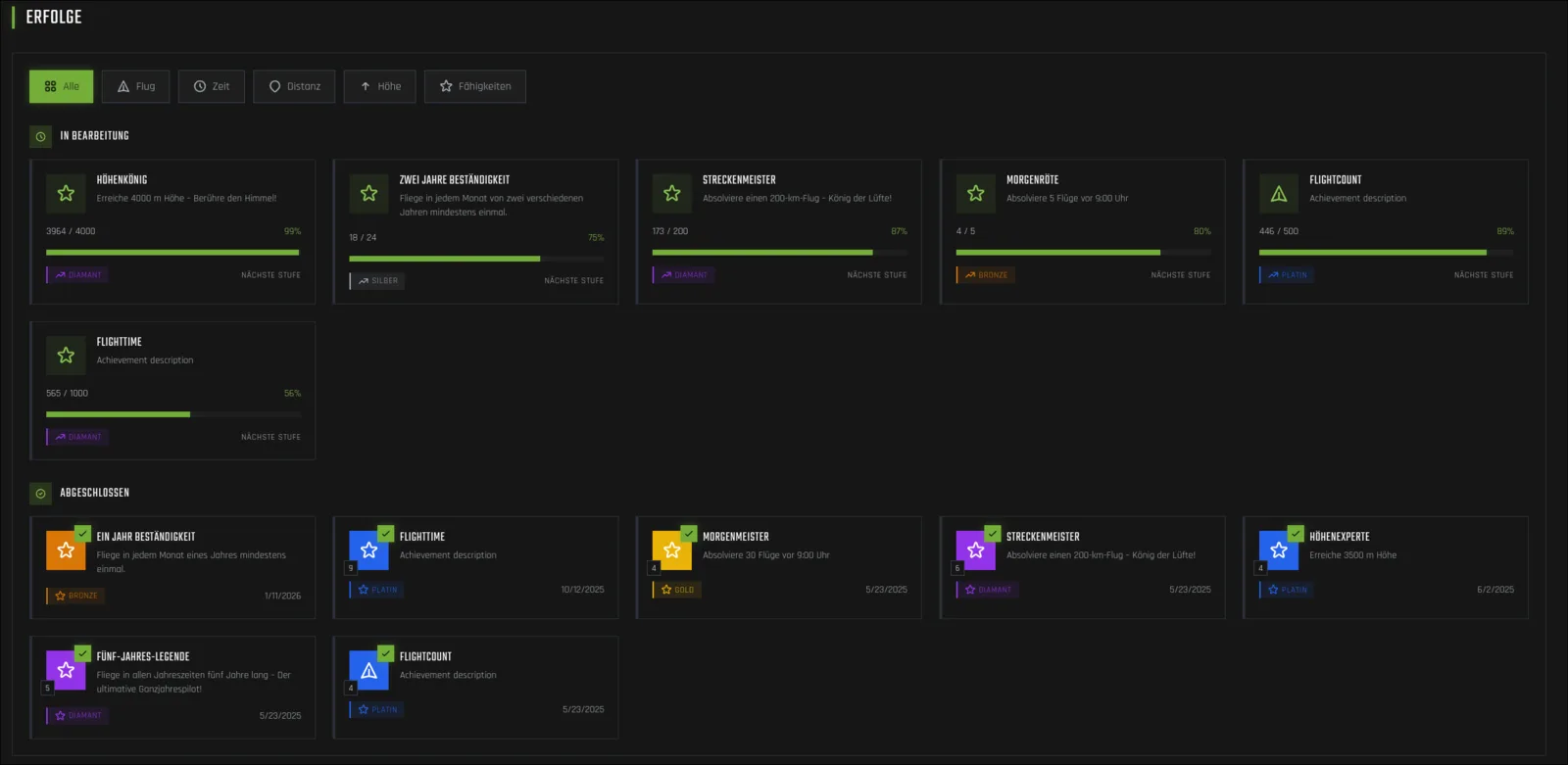 The achievements screen with badges, tiers and progress bars